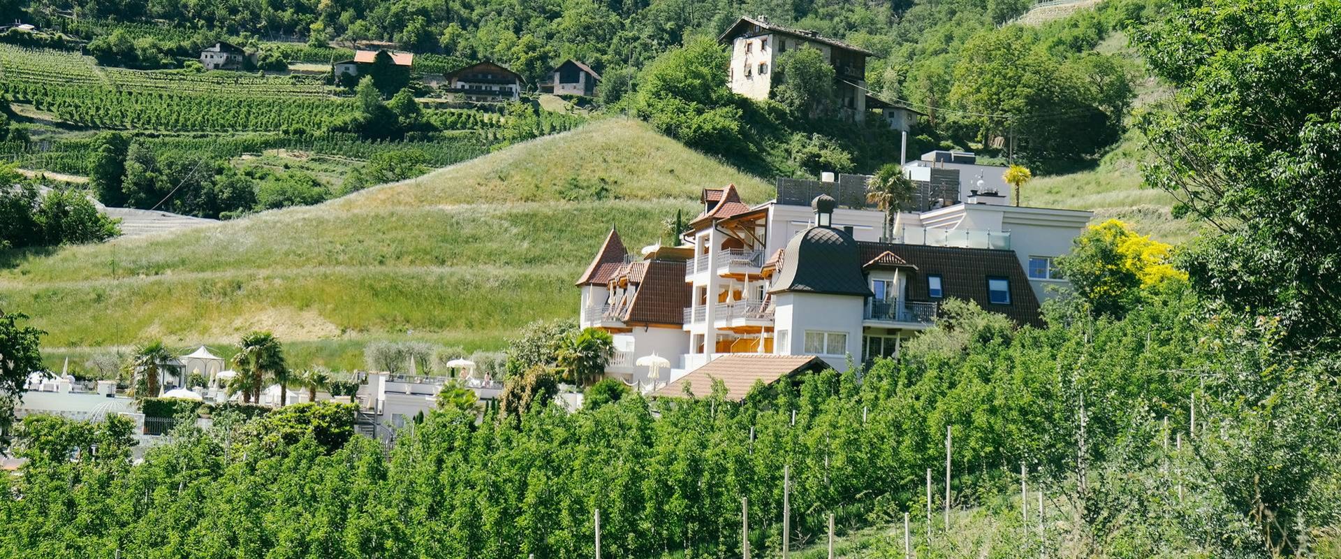 A hillside resort building stands among green vineyards and trees in Naturns.