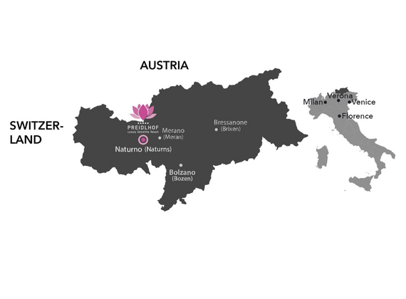 A map of South Tyrol shows Naturns, Merano, Bolzano and other nearby cities, with the Preidlhof location marked.