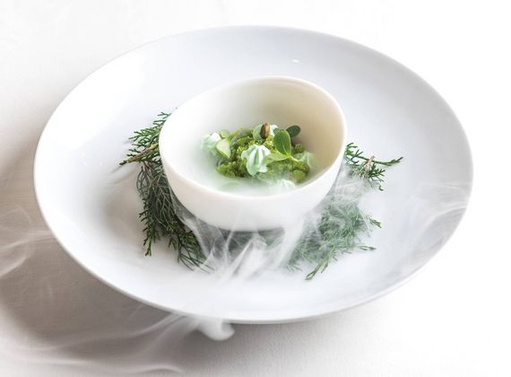 A white bowl of fine dining soup with green garnish is served on a plate surrounded by herbs and dry ice.