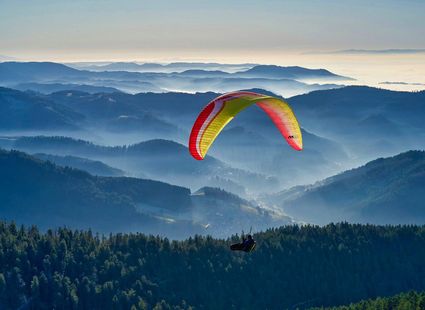Ein Gleitschirm fliegt über den bewaldeten Bergen in der Morgendämmerung.