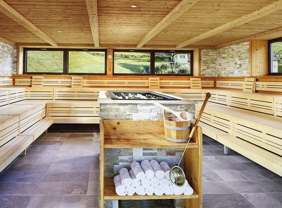 Helle Sauna mit Holzliegen, Ofen in der Mitte und Blick nach draußen auf die grüne Landschaft.