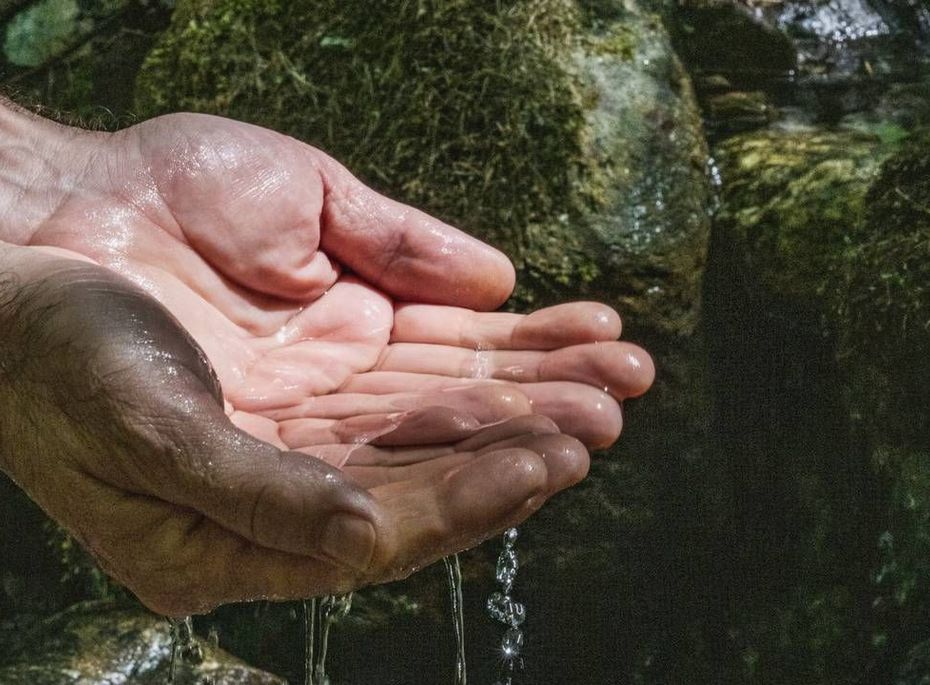 Zwei Hände fangen Wasser an einem mit Moos bewachsenen Natursteinbecken auf.