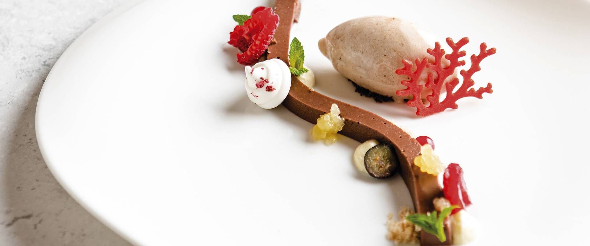A gourmet dessert plate with chocolate mousse, cream and colorful garnishes on a white dish.