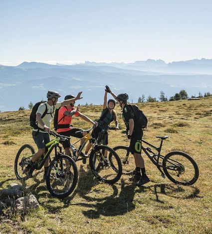 Vier Radfahrer feiern auf einer Bergwiese mit Rennrädern vor weiter Alpenkulisse.