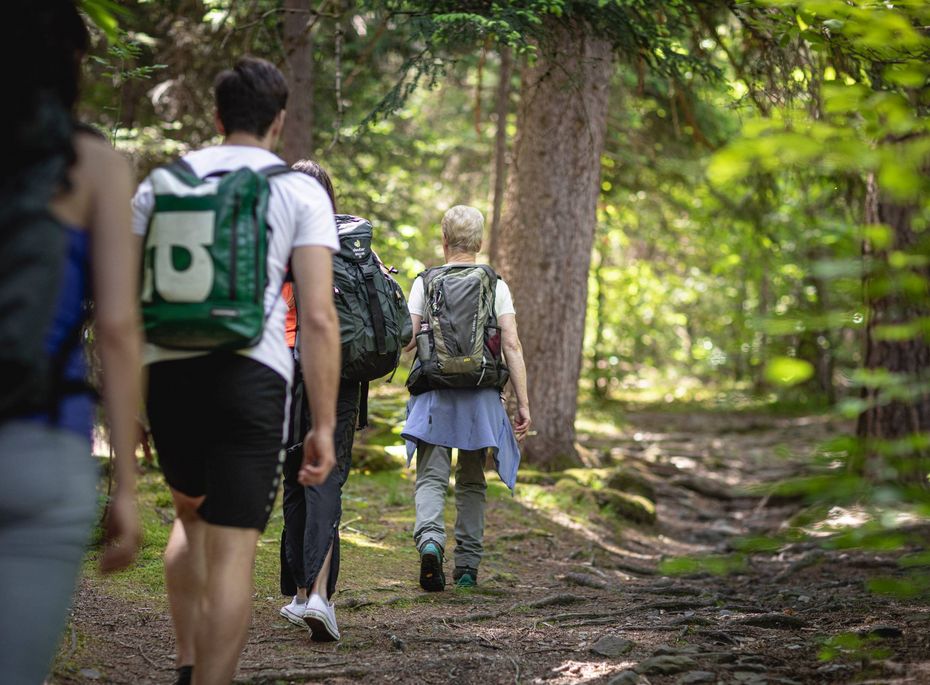 Wandern im Wellnesshotel in Naturns Mehrere Wanderer gehen mit Rucksäcken auf einem Waldweg durch den Wald.