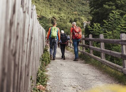 Drei Wanderer mit Rucksäcken gehen auf einem schmalen Weg zwischen Holzzaun und Geländer in bergiger Landschaft.