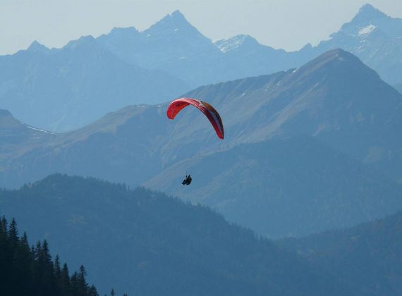 Ein Paragleiter schwebt vor einer weiten Bergkulisse über bewaldeten Hängen.