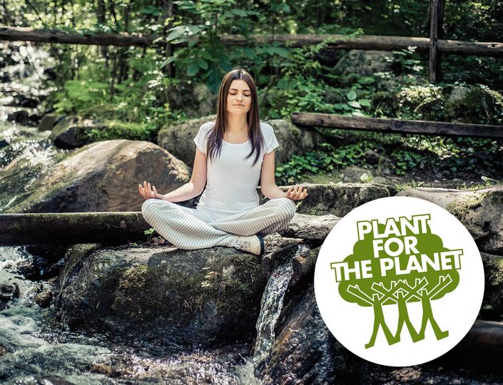 Eine Frau sitzt meditierend auf einem Felsen am Bach, daneben ein Logo mit dem Schriftzug „Plant for the Planet“.