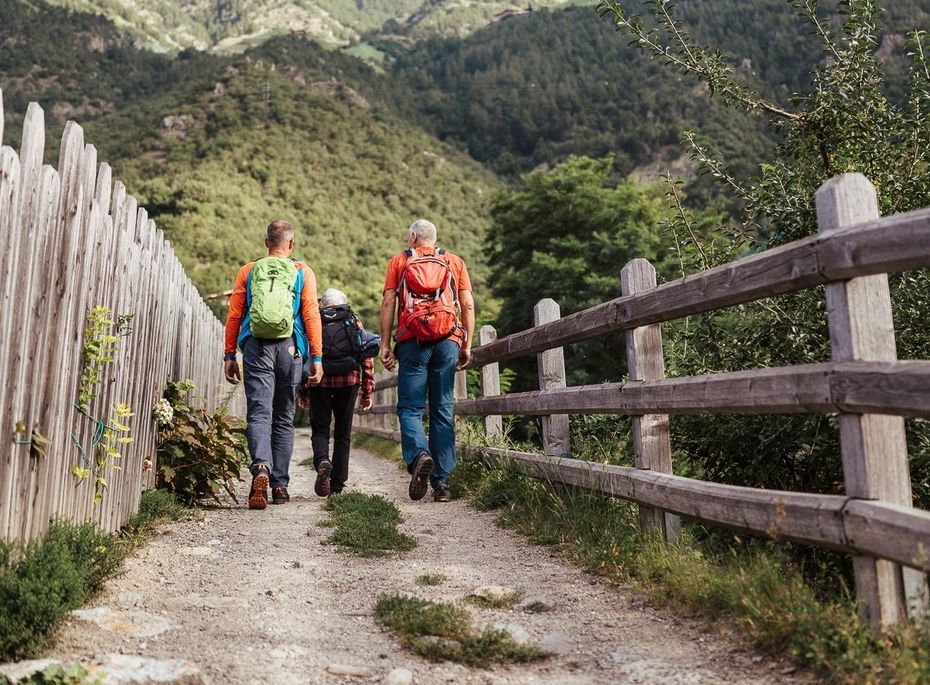 Wanderer auf dem Weg im Preidlhof in Naturns Zwei Wanderer gehen auf einem schmalen Weg zwischen Holzgeländer und Zaun mit Blick auf die bewaldeten Berge.