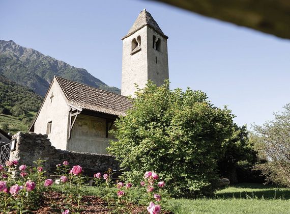 Eine kleine Kirche mit Glockenturm steht zwischen Rosen und Grün vor einer Bergkulisse.