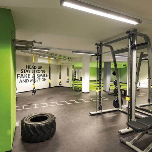 Ein Fitnessraum mit Trainingsgeräten, Hanteln und Kletterseilen, dazu ein großer Reifen auf dem Boden.