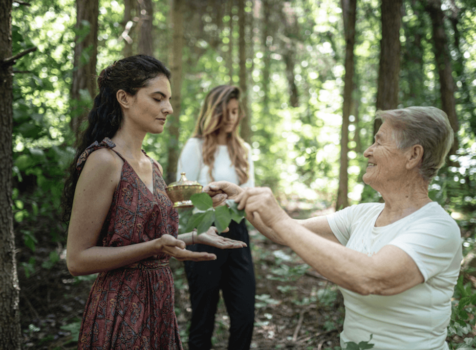 Eine ältere Frau und zwei junge Frauen meditieren im Wald.