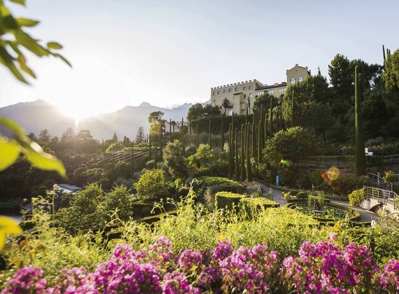 Eine gepflegte Gartenanlage mit pinken Blumen und Blick auf das Hotel vor den Bergen im Abendlicht.