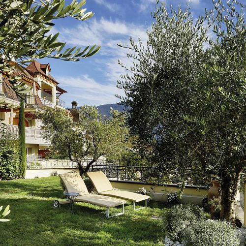 Zwei Liegen stehen im Garten vor dem Gebäude, umgeben von Olivenbäumen und mediterranem Grün.