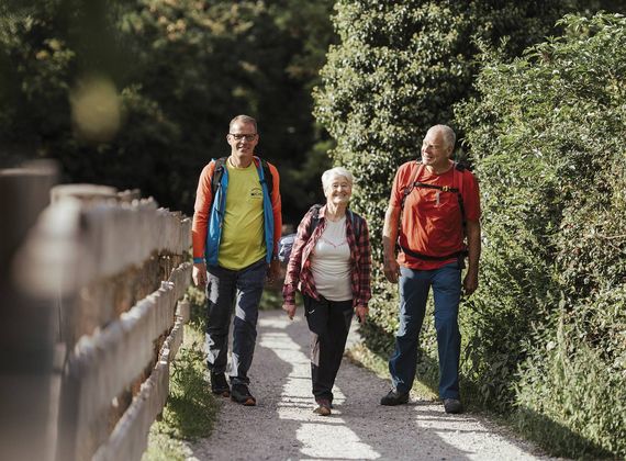 Drei Wanderer gehen auf einem schmalen Weg entlang von Hecken und Bäumen.