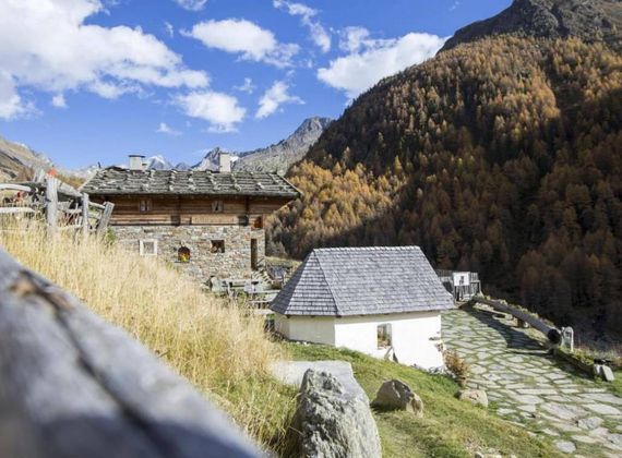 Ein Wanderweg führt an Bergbauernhäusern vorbei, mit Bergwiesen und einem bewaldeten Hang im Hintergrund.