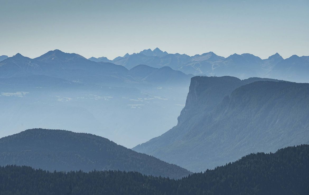 Blaue Bergsilhouetten der Alpen mit bewaldeten Hängen und einer weiten Fernsicht im Naturpark Texelgruppe.