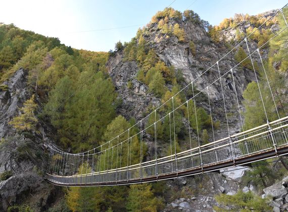 Eine Hängebrücke führt als Wanderweg durch eine felsige Schlucht mit herbstlichen Bäumen.