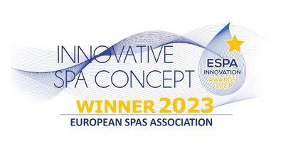 Eine Auszeichnungsgrafik mit dem Text „Innovative Spa Concept Winner 2023“ und dem Logo der European Spas Association.