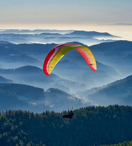 Ein Gleitschirm fliegt über den bewaldeten Bergen und Tälern des Naturparks Texelgruppe im Morgenlicht.