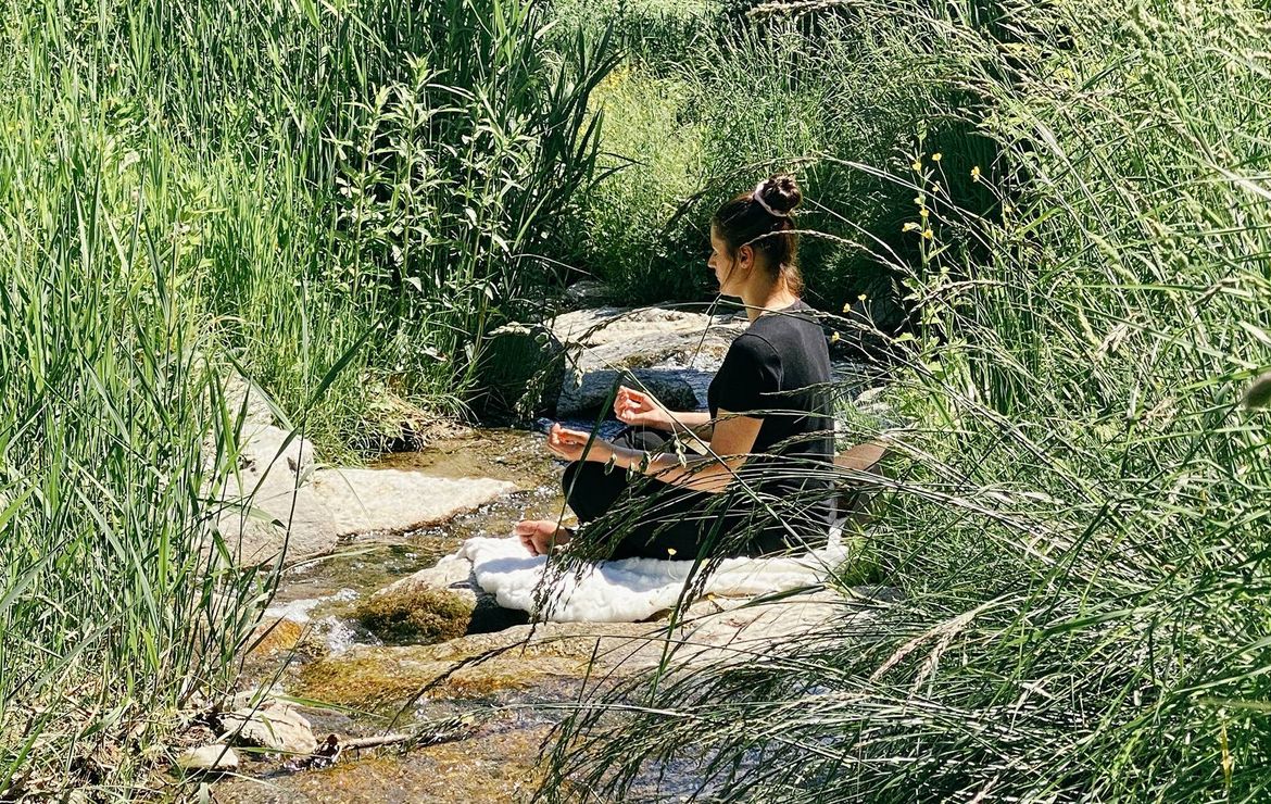 A woman sits on a rock beside a shallow stream, meditating among tall grasses and reeds.