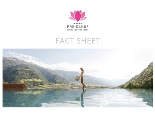 A fact sheet page shows the Preidlhof logo, a pool with mountain views, and text blocks about location, accommodation and transfer details.